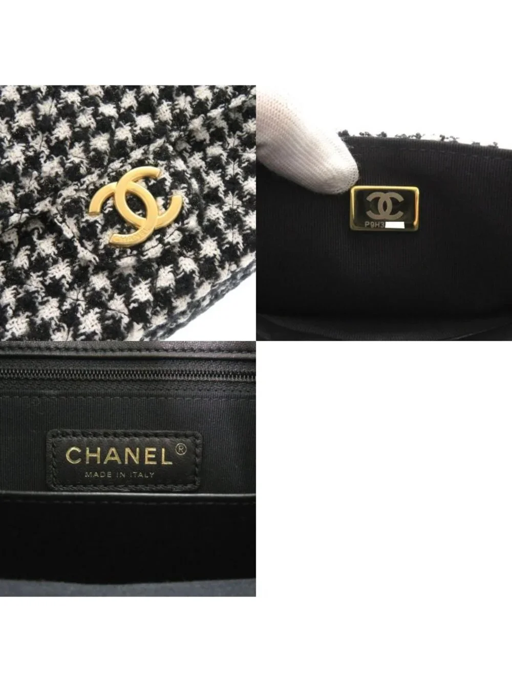 Chanel CC Logo Hobo Tweed Black Shoulder Bag Random Plate Gold White